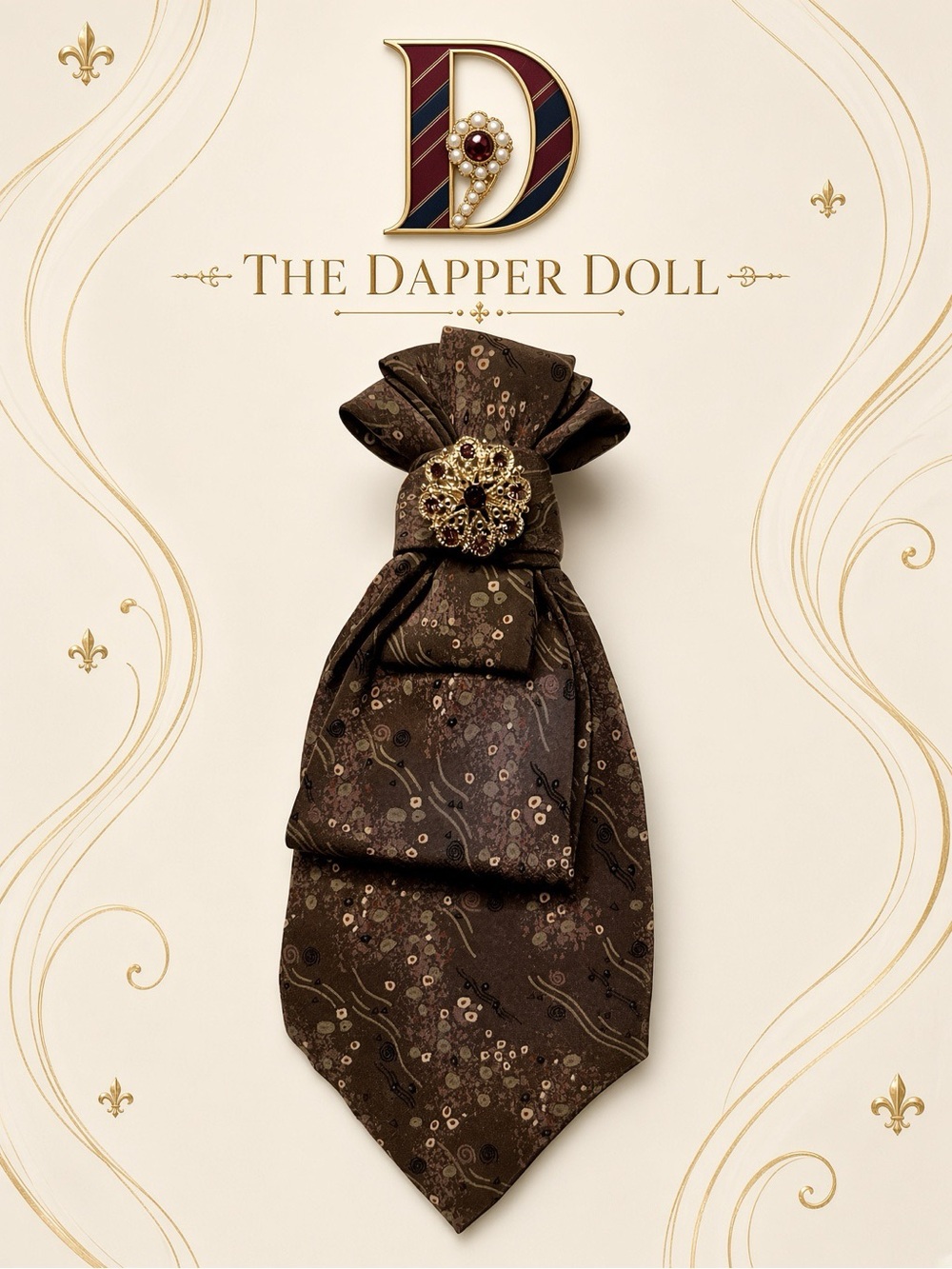 Women’s Necktie Brown Decorative with Brooch